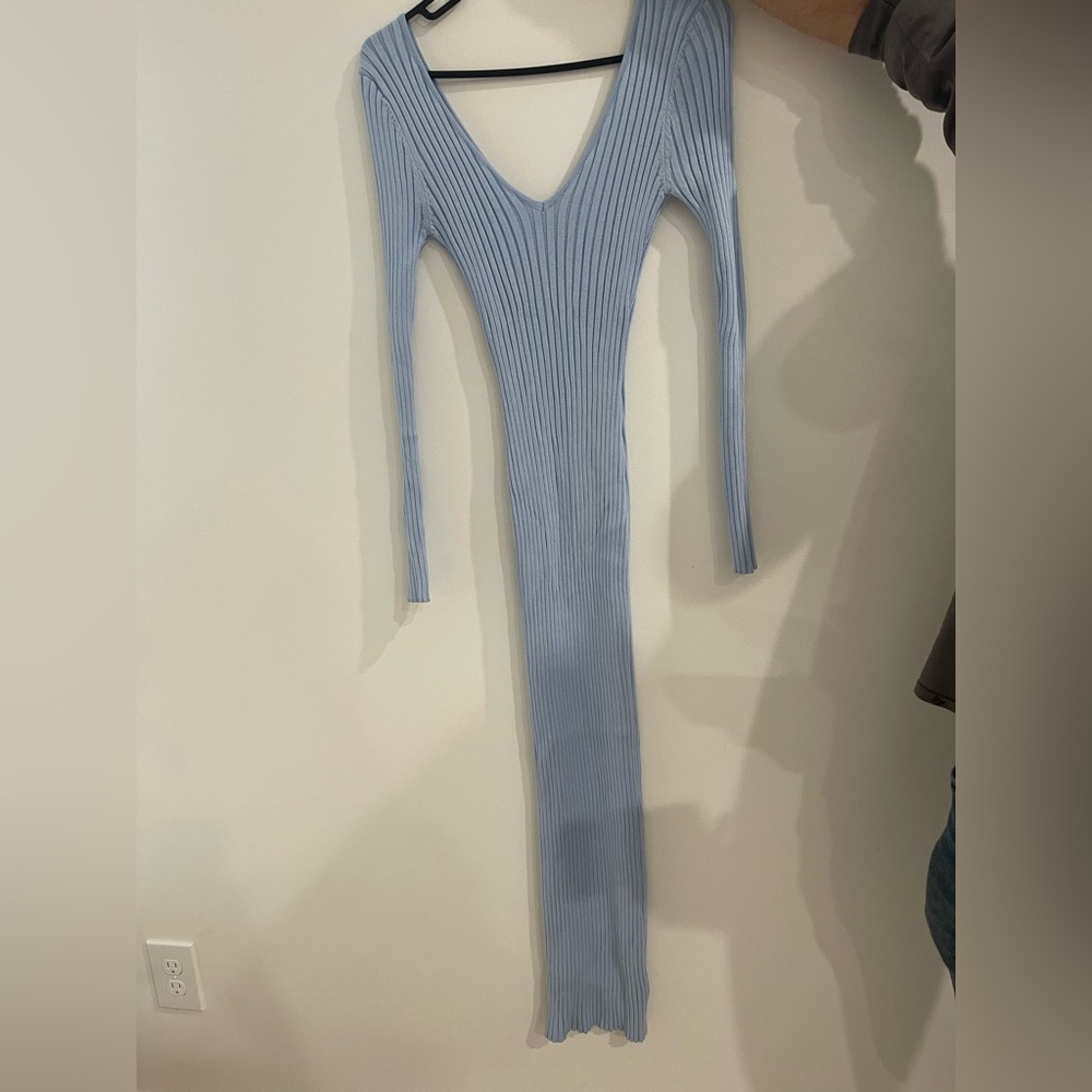 Blue Ribbed Long Sleeve Dress